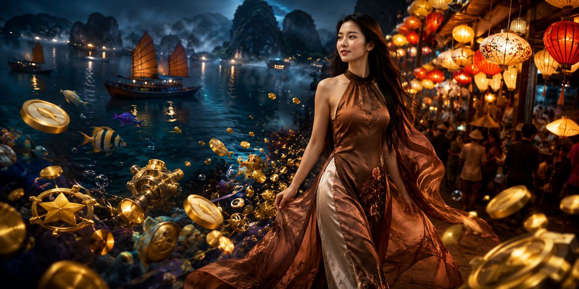 Phụ nữ áo dài chơi casino trực tuyến trên điện thoại tại vịnh Hạ Long