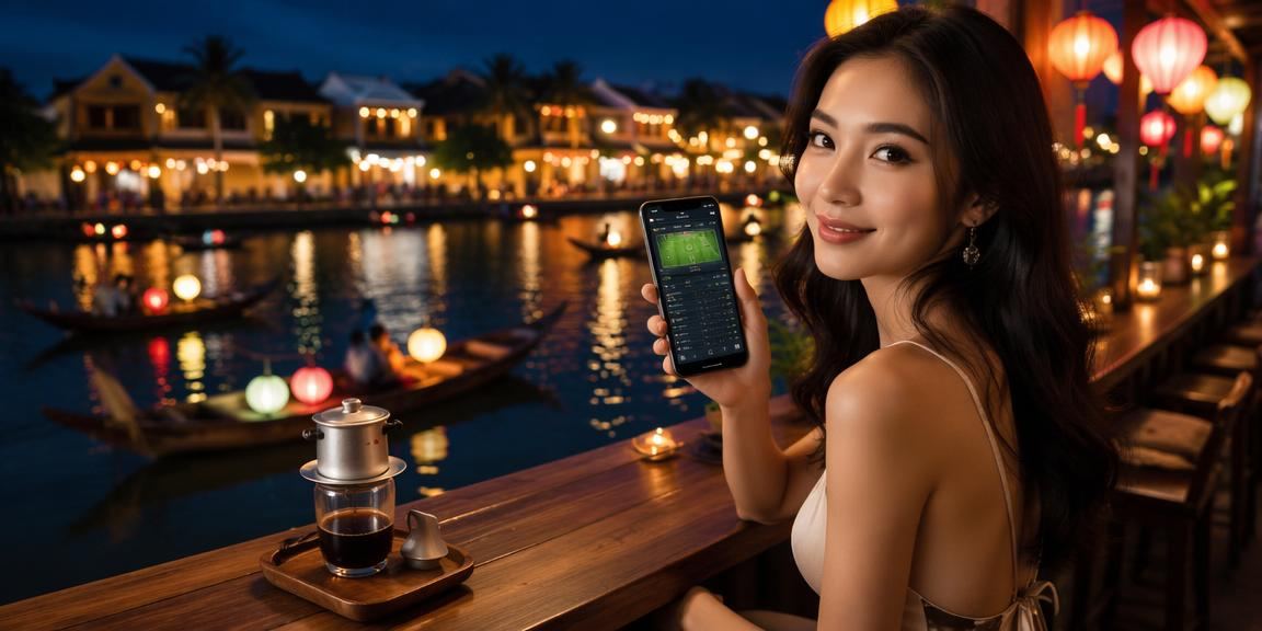 Người chơi dùng điện thoại trải nghiệm casino tại Hội An bên ly cà phê